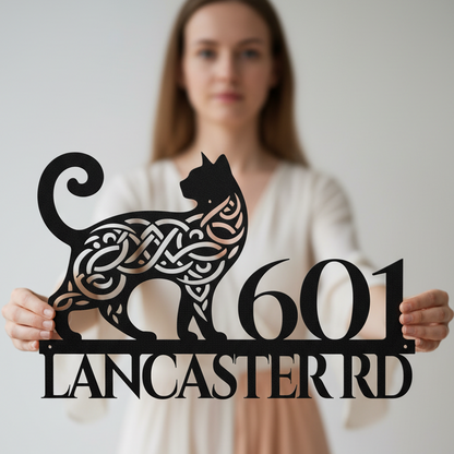 Celtic Cat Metal Address Sign