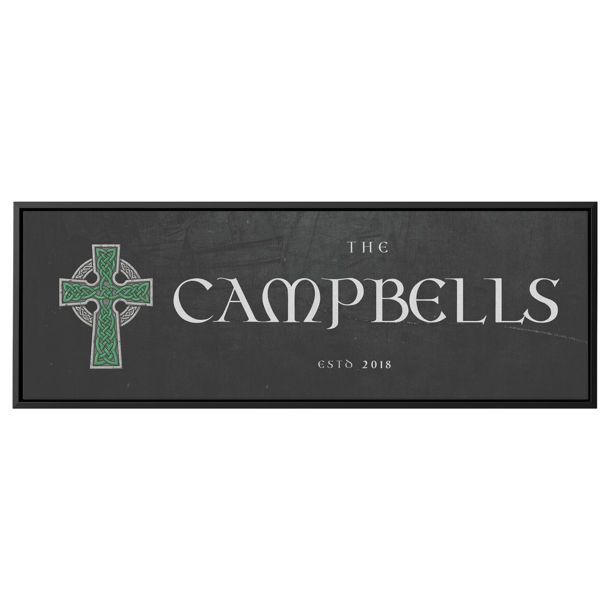 Personalized Celtic Cross family name canvas in a black frame, front view