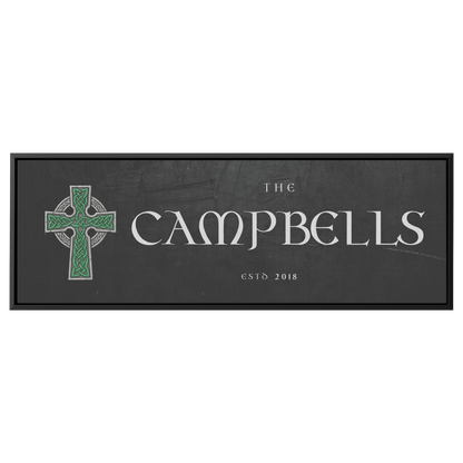 Personalized Celtic Cross family name canvas in a black frame, front view