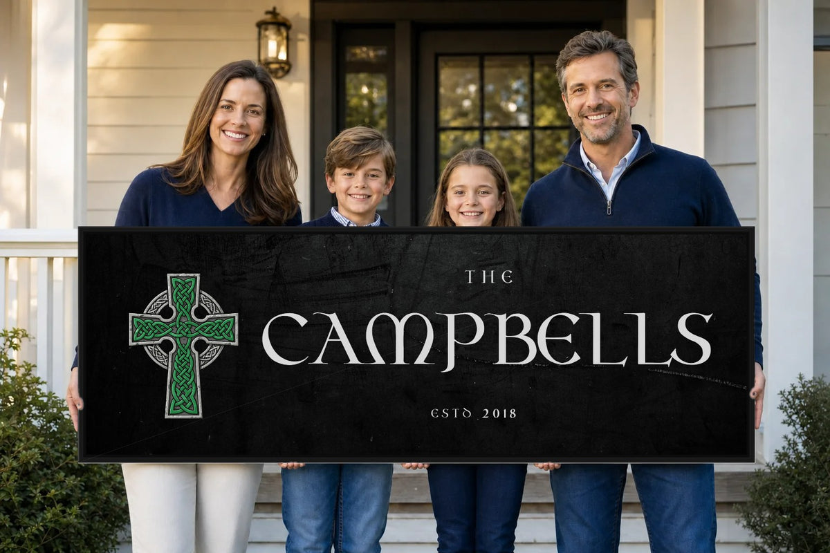 A family holding their personalized Celtic Cross canvas on the front porch