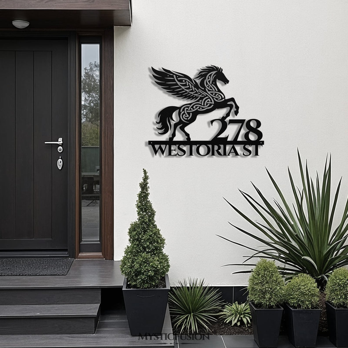 Celtic Pegasus metal address sign beside a modern front door