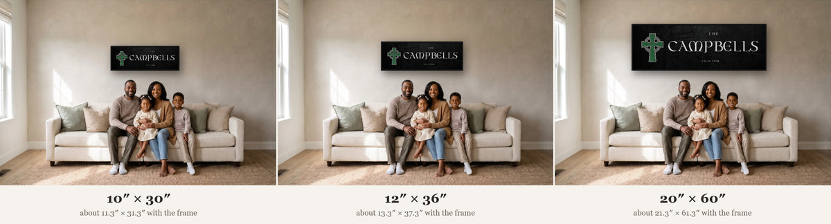 Size guide: the 10 x 30, 12 x 36 and 20 x 60 inch canvases on the same wall, to scale